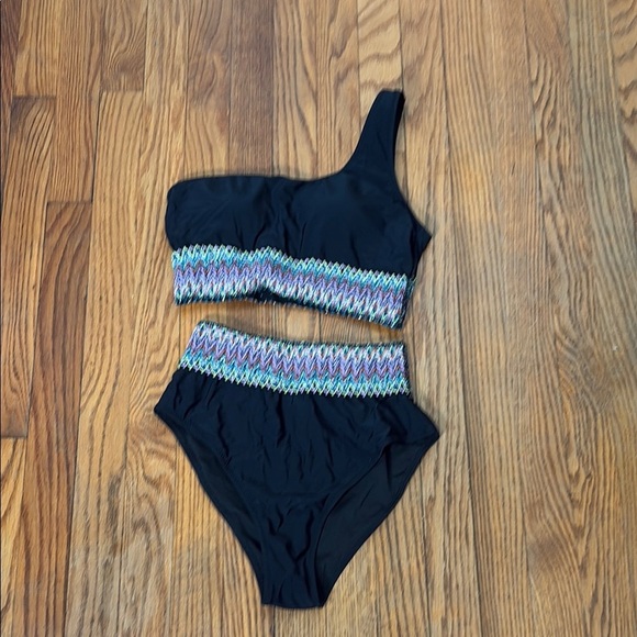 Paisley One Shoulder Woven Patchwork Black Bikini Set size S NWT swimsuit - Picture 3 of 13